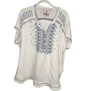 Johnny Was White and Blue Embroidered Blouse